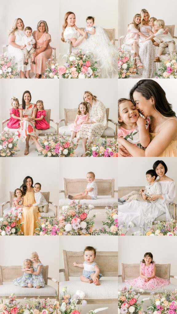 Mother and child posing together in a floral-themed studio for a Motherhood Event in Houston.
